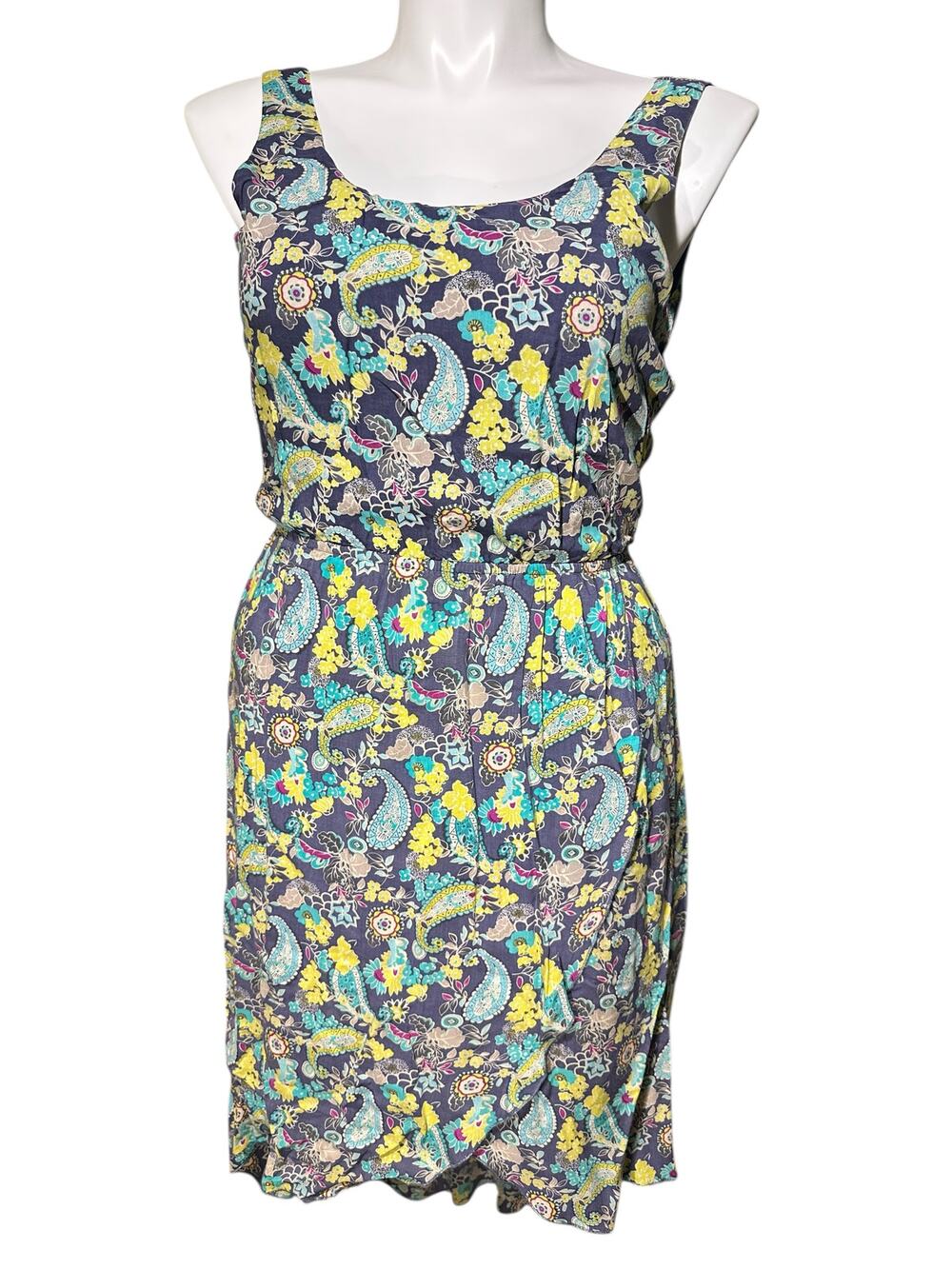 Mudd Paisley Floral Sleeveless Dress Medium Navy Teal Yellow Faux Wrap Rayon